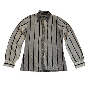 Vintage 70s Chagall International Black & White Polka Dot Stripe Blouse Large